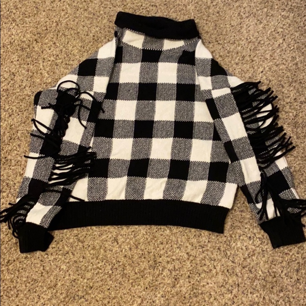 Black checkered, cow neck, wool sweater